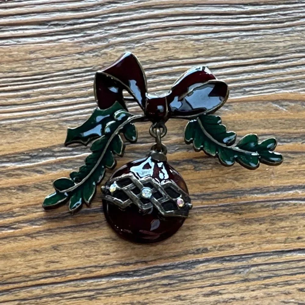Talbots Vintage Burgundy and Green Bow Brooch
